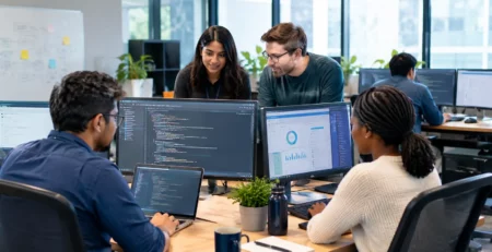 Software developers collaborating on coding, application development, and technology projects in a modern office.