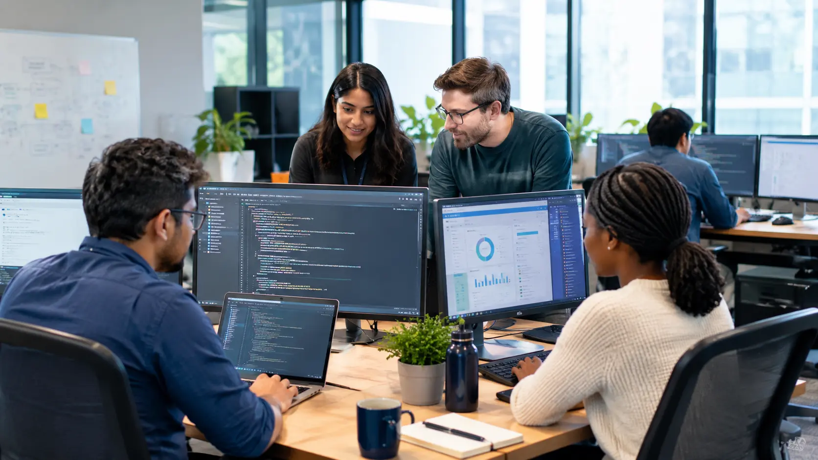 Software developers collaborating on coding, application development, and technology projects in a modern office.