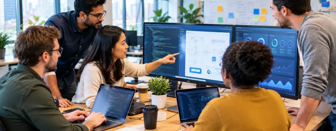 Software development team collaborating on a business technology project