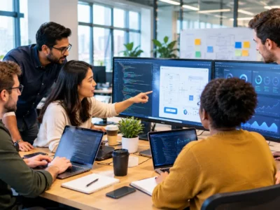 Software development team collaborating on a business technology project