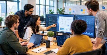 Software development team collaborating on a business technology project