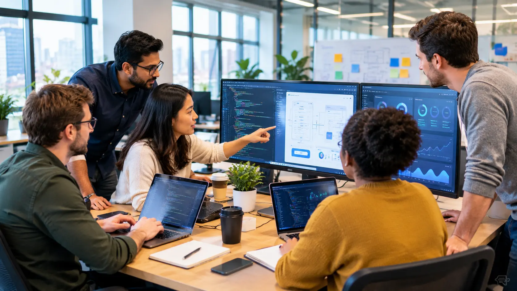 Software development team collaborating on a business technology project