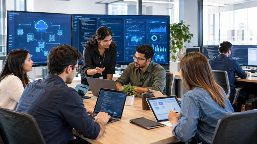 Software development team building a custom enterprise application