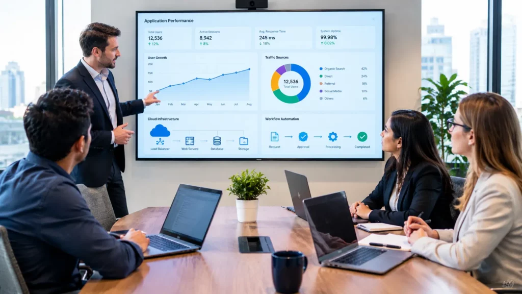 Business executives and software developers reviewing custom software solutions, cloud infrastructure, and analytics dashboards.