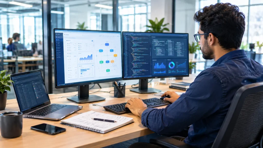 Software engineer developing a custom business application using dual monitors