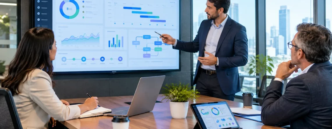 Software development team reviewing analytics dashboards, data visualizations, and project metrics together in a modern office.