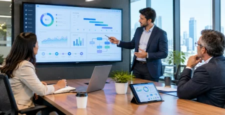 Software development team reviewing analytics dashboards, data visualizations, and project metrics together in a modern office.
