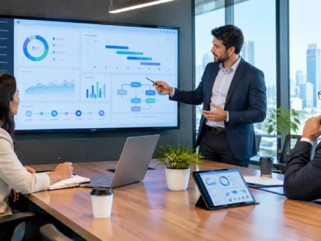 Software development team reviewing analytics dashboards, data visualizations, and project metrics together in a modern office.
