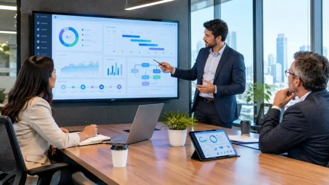 Software development team reviewing analytics dashboards, data visualizations, and project metrics together in a modern office.