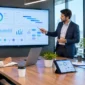 Software development team reviewing analytics dashboards, data visualizations, and project metrics together in a modern office.