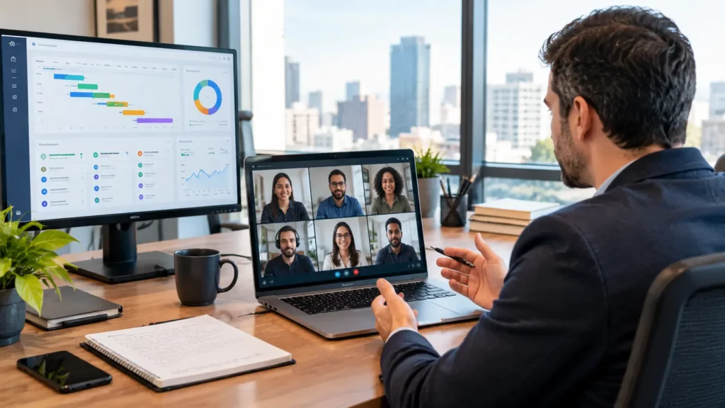 US business executive meeting virtually with a Brazilian software development team