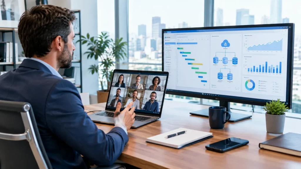 US business executive collaborating with a remote software development team through a virtual meeting and project dashboard.