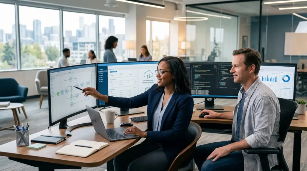 A software engineer and business analyst collaborate on application development using multiple monitors in a modern office.