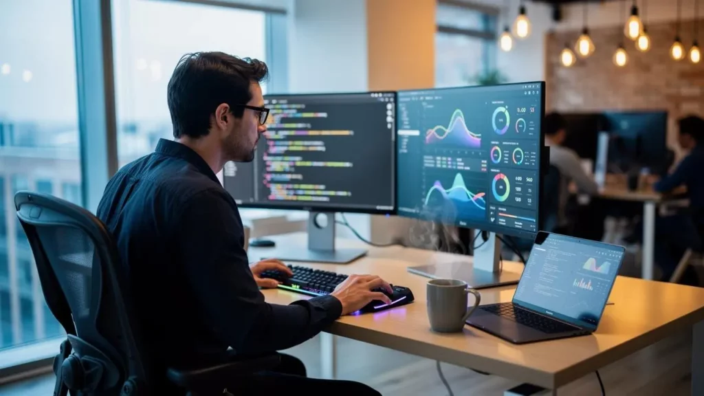 Software engineer developing an application with code and business dashboards
