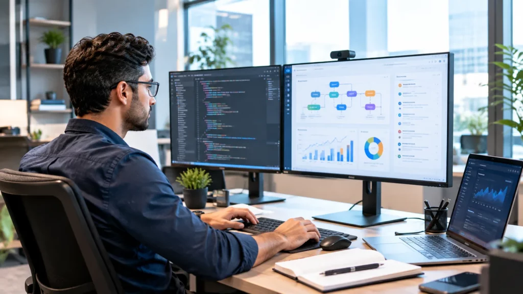 Software engineer reviewing a business application dashboard and workflow visualizations on multiple monitors.