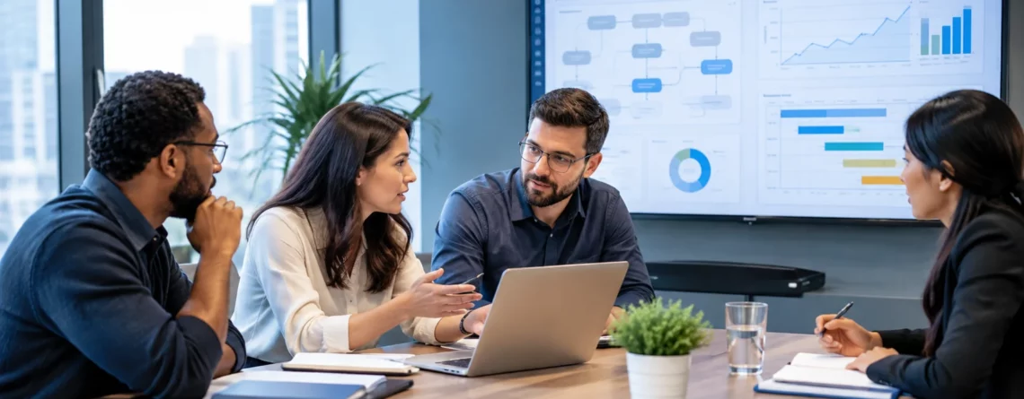 Software developers and business stakeholders collaborating on a custom software project in a modern office.
