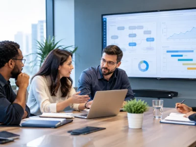 Software developers and business stakeholders collaborating on a custom software project in a modern office.