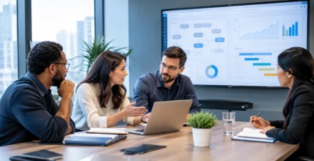 Software developers and business stakeholders collaborating on a custom software project in a modern office.