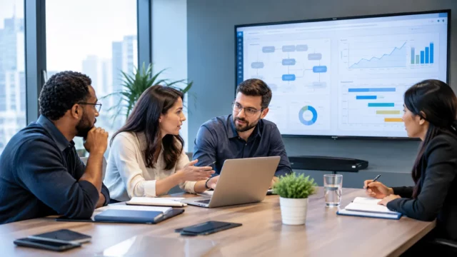 Software developers and business stakeholders collaborating on a custom software project in a modern office.