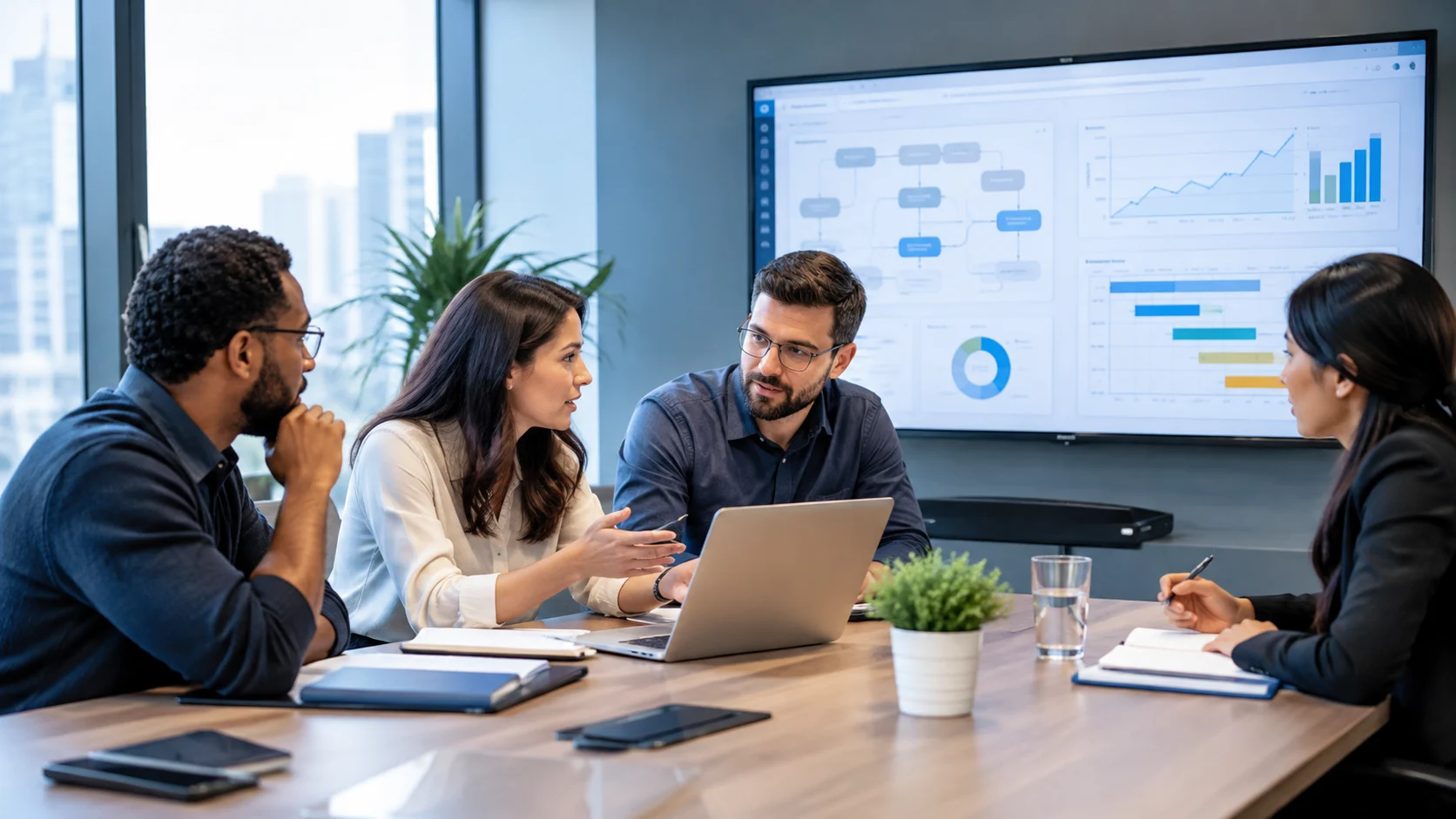 Software developers and business stakeholders collaborating on a custom software project in a modern office.