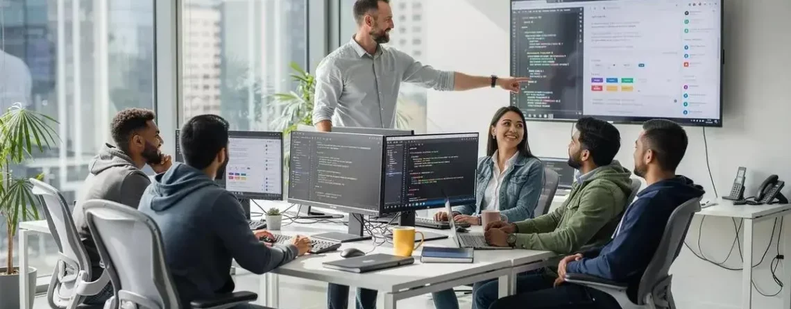 Software development team collaborating on a custom application