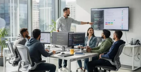 Software development team collaborating on a custom application