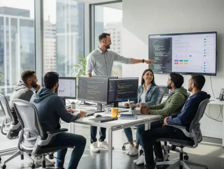 Software development team collaborating on a custom application