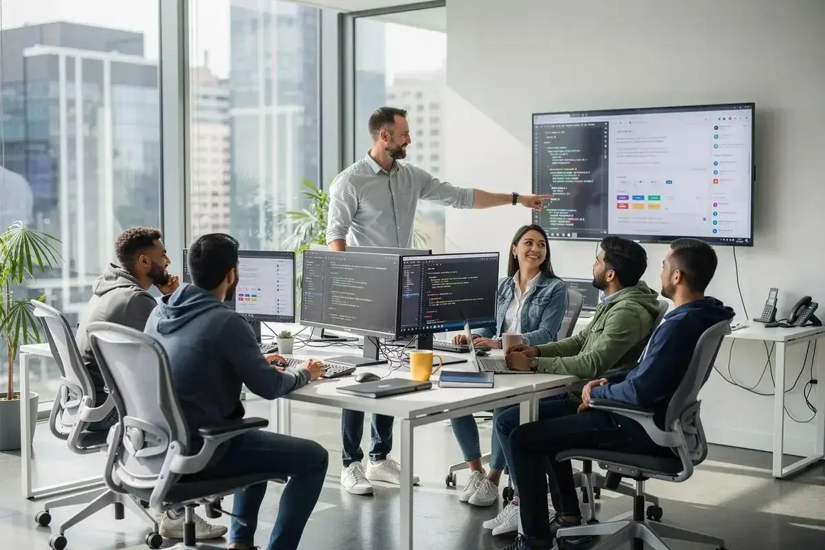 Software development team collaborating on a custom application