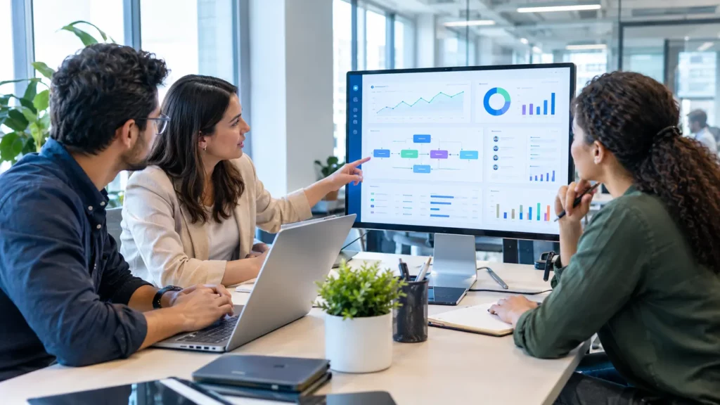 Business team reviewing custom software analytics dashboard and process flow diagrams.