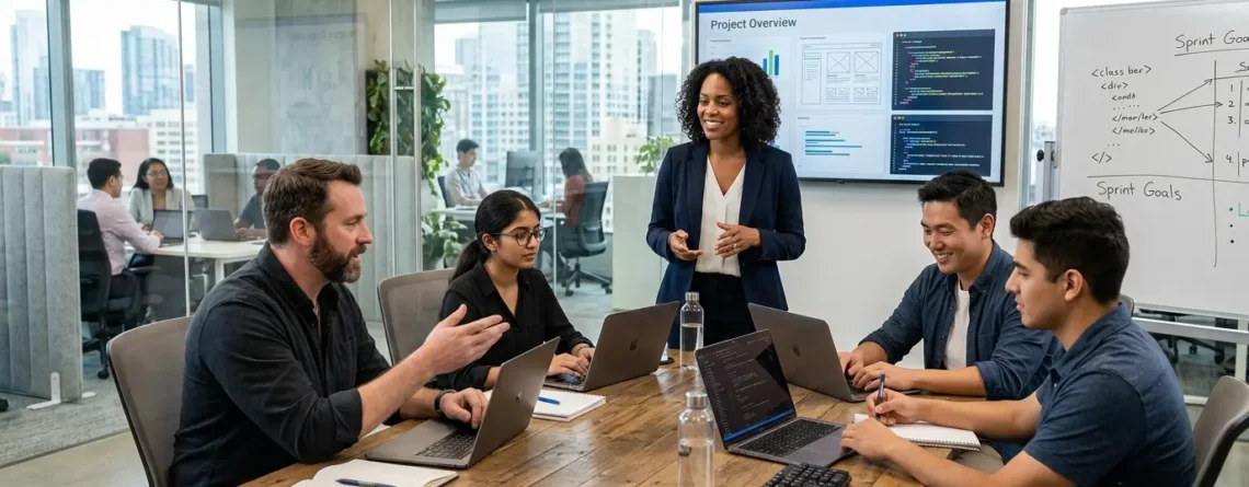Diverse software development team collaborating on application plans around a wooden desk in a modern tech office.