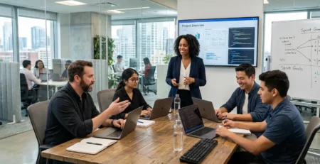 Diverse software development team collaborating on application plans around a wooden desk in a modern tech office.