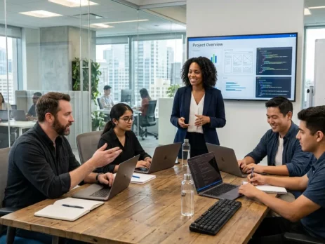 Diverse software development team collaborating on application plans around a wooden desk in a modern tech office.