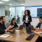 Diverse software development team collaborating on application plans around a wooden desk in a modern tech office.