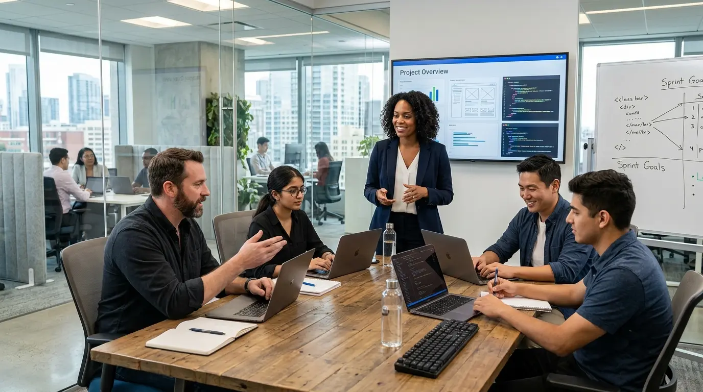Diverse software development team collaborating on application plans around a wooden desk in a modern tech office.