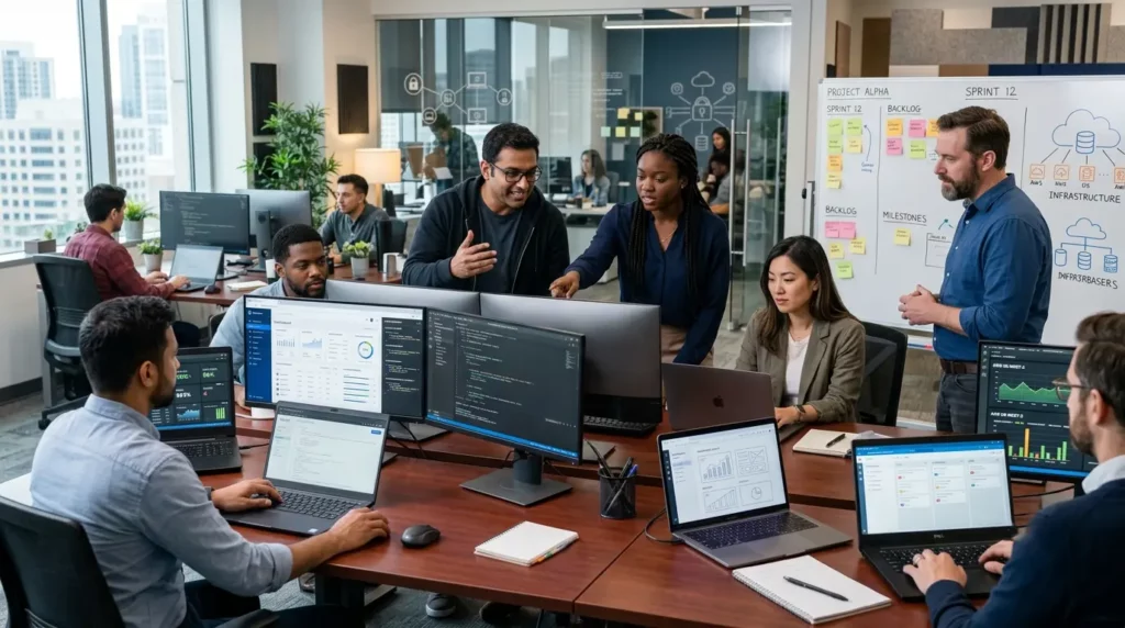 Software developers and QA professionals collaborating on a business application