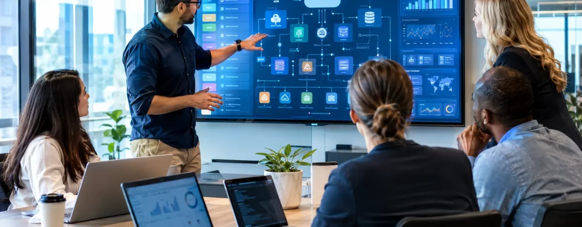 Senior technology team collaborating on scalable custom software development in a modern corporate office