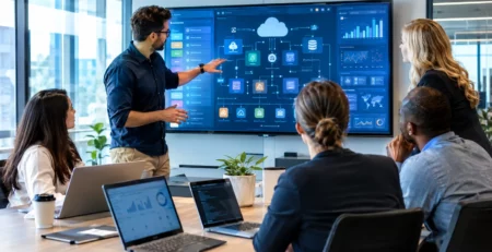 Senior technology team collaborating on scalable custom software development in a modern corporate office