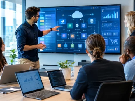 Senior technology team collaborating on scalable custom software development in a modern corporate office