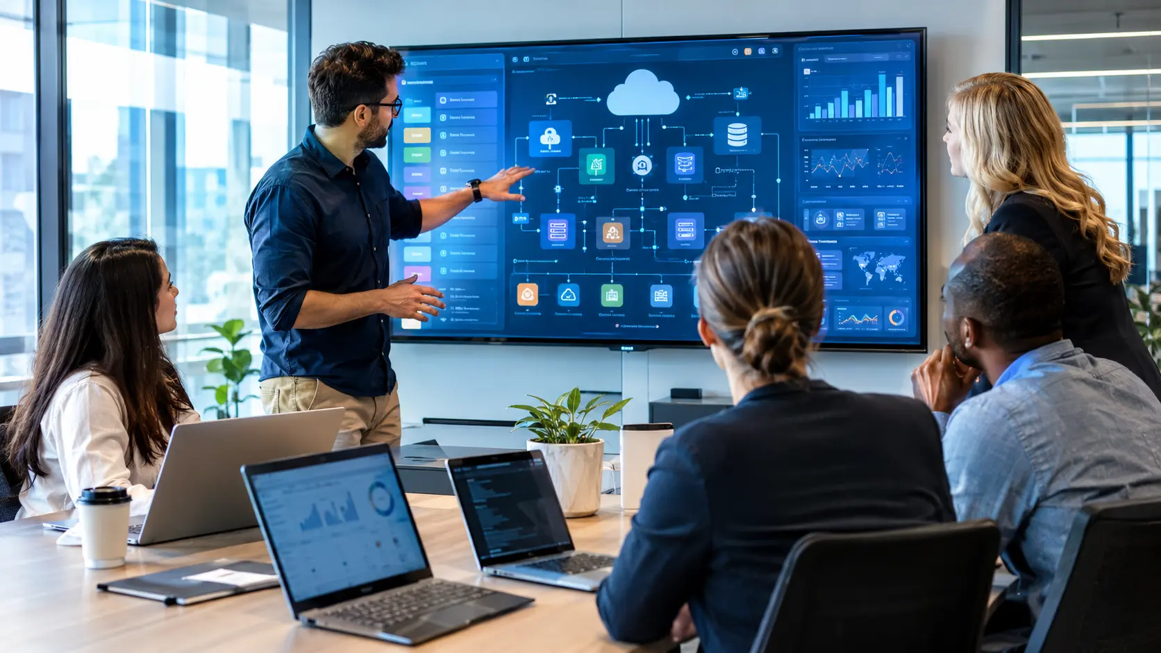 Senior technology team collaborating on scalable custom software development in a modern corporate office