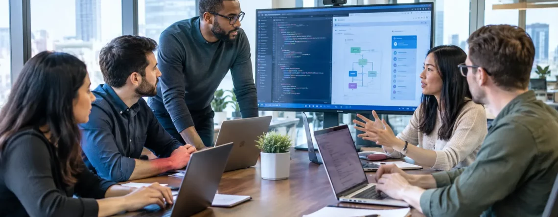 Software development team collaborating on code and UI workflows during an office meeting.