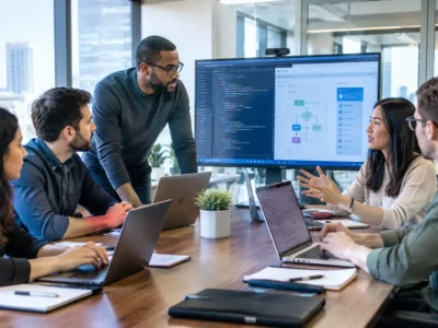 Software development team collaborating on code and UI workflows during an office meeting.