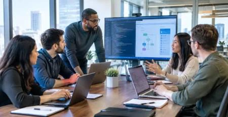 Software development team collaborating on code and UI workflows during an office meeting.