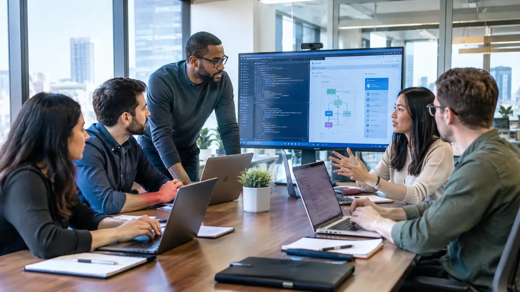 Software development team collaborating on code and UI workflows during an office meeting.