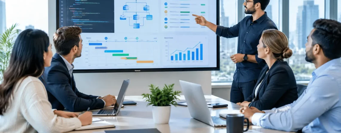 Diverse business and software development teams collaborating on a modern technology project