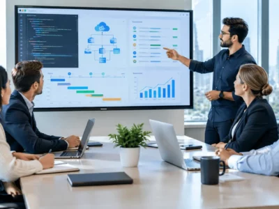 Diverse business and software development teams collaborating on a modern technology project
