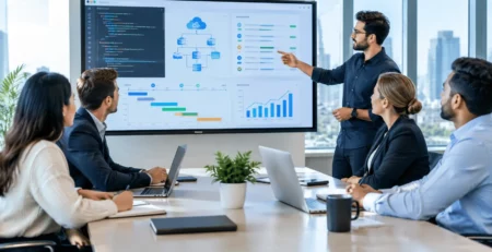 Diverse business and software development teams collaborating on a modern technology project