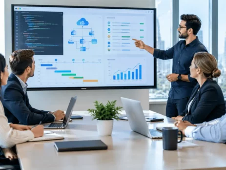 Diverse business and software development teams collaborating on a modern technology project