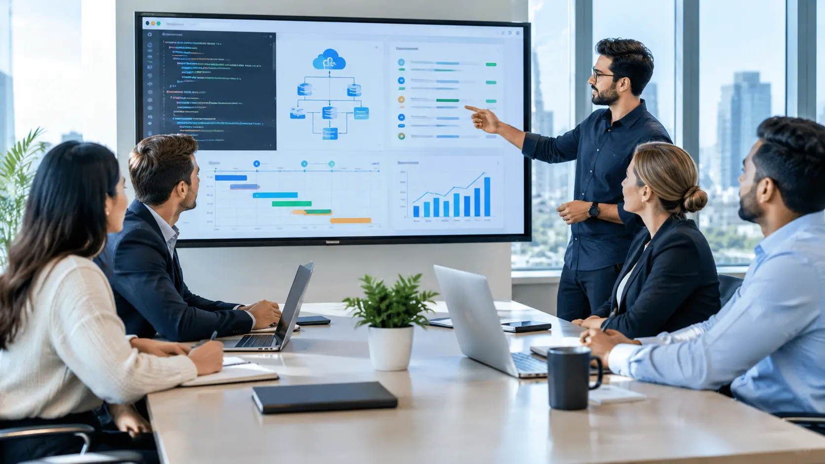 Diverse business and software development teams collaborating on a modern technology project