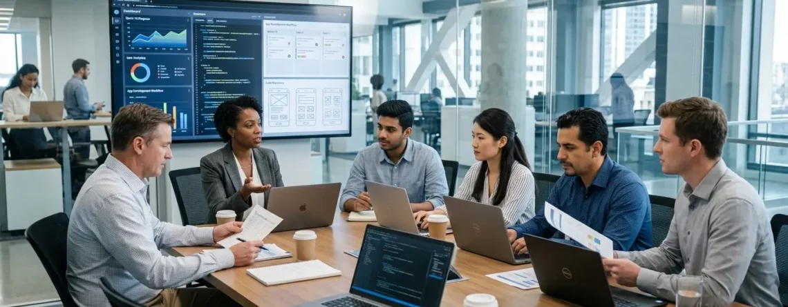 U.S. business team collaborating with an external software development team on a digital product
