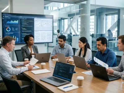 U.S. business team collaborating with an external software development team on a digital product